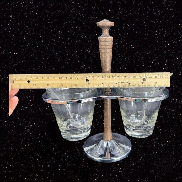Mid Century Modern MCM Glass & Teak Condiment Server Vintage Relish Caddy Spoons - Picture 3 of 13